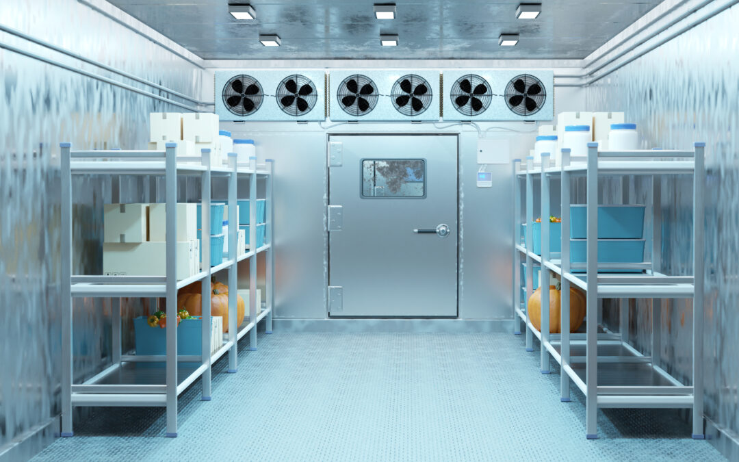 Industrial cold storage room with metal shelving, pumpkins, and organized food crates, ideal for temperature-sensitive goods in food or pharmaceutical supply chains.